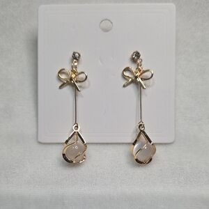 Elegant Bow Rhinestone Cat Eye Bead Drop Dangle Pierced Earrings Prom Party